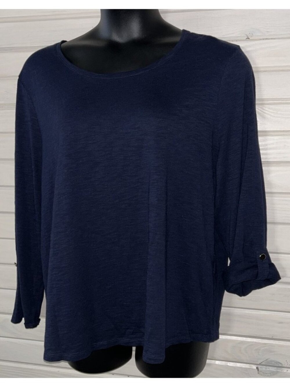 Chico's Sz 4 (XXL) Cotton Modal Blend Slub Knit Utility Sleeve Tee Navy Blue EUC